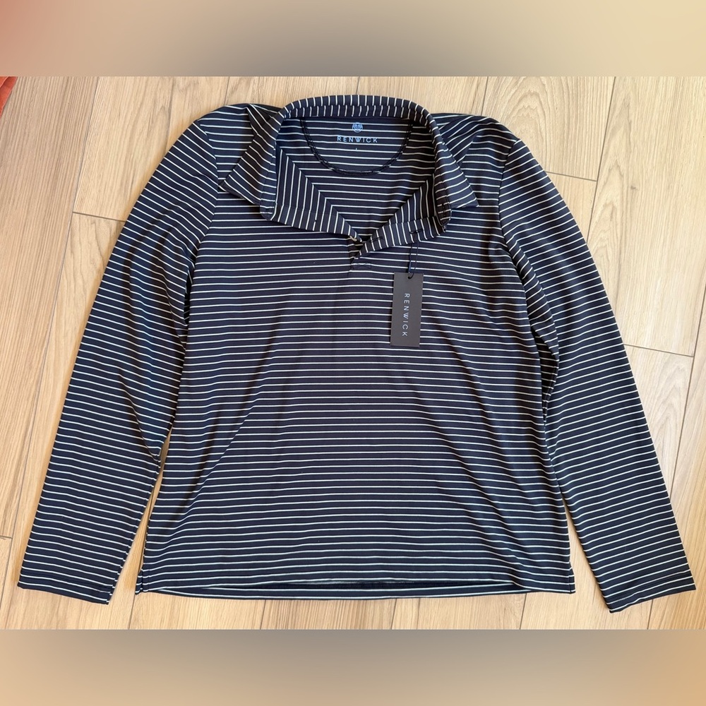NWT Renwick Blue and White Long Sleeve Striped Polo Golf